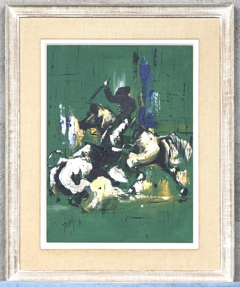 ‘Het stierengevecht’. Vintage olieverfschilderij op paneel, met het mes gezet. Onleesbaar getekend.