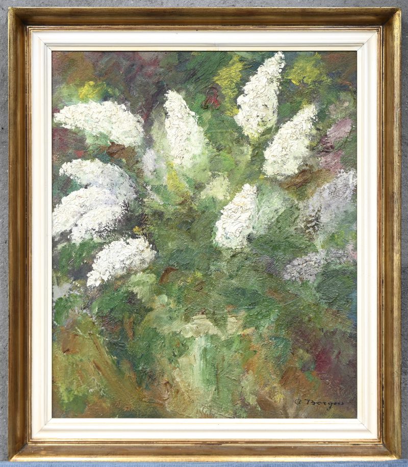 ‘Bloemenvaas met witte seringen’. Olieverf op doek, getekend; A. Borgers.