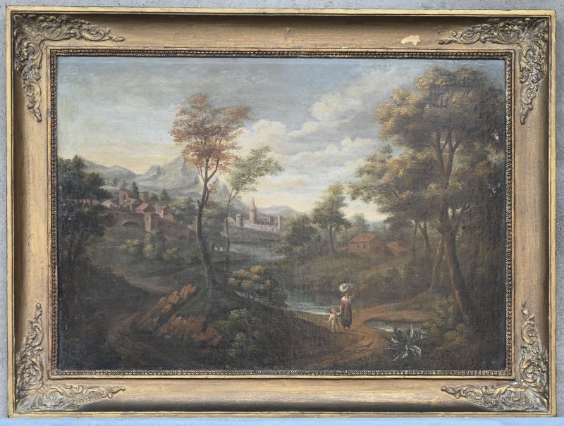Een 19e eeuws landschapsschilderij, vermoedelijk Italiaanse school. Olieverf op doek, gemaroufleerd. Niet getekend.