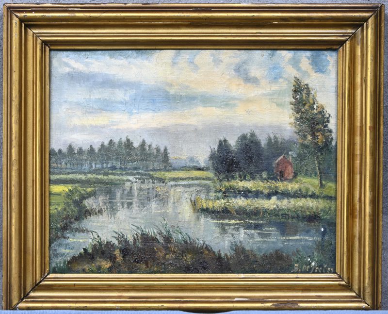 “Landschap met waterpartij”. Olieverf op doek, getekend B. De Pooter.