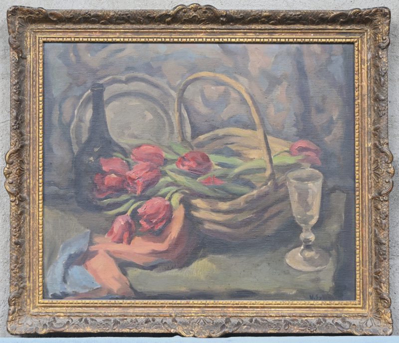 “Stilleven met bloemen en wijn”, een schilderij, olieverf op doek, gesigneerd W. Sybrands.