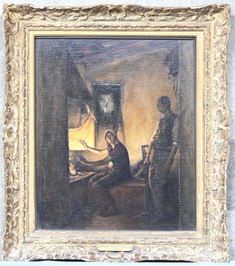 “La Flambee”, een schilderij, olieverf op gemaroufleerd doek, draagt plaatje/toegeschreven aan Francois Charles Baude.