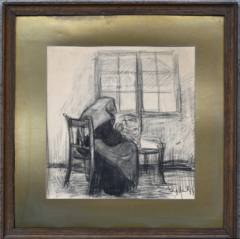 “Begijntje”, een tekening, houtskool op papier, gesigneerd Jacon Smits.