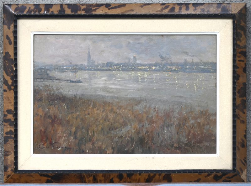 “De Antwerpse skyline”, een schilderij, olieverf op paneel, gesigneerd voor en achter Oswald Poreau. Gedateer 1936.