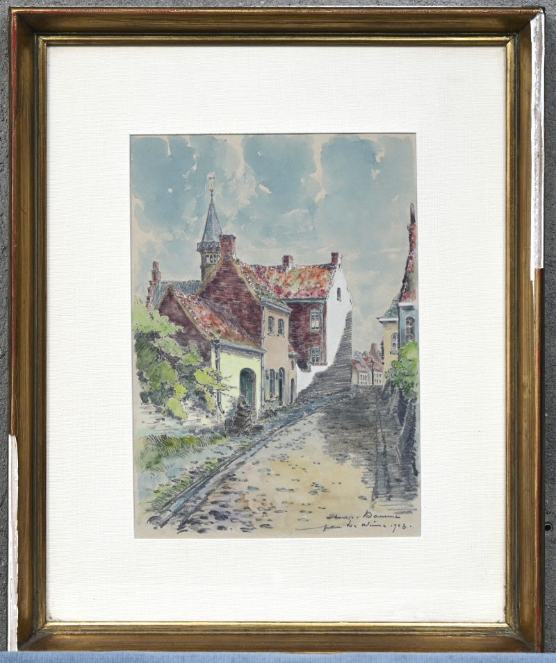 “Straatje te Damme”, een tekening, gemengde techniek op papier, gesigneerd Jan De Winne en gedateerd 1908.