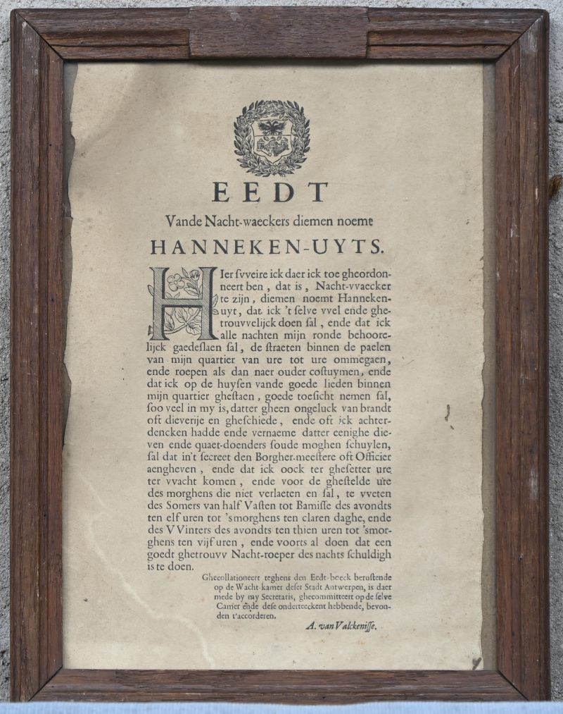 EEDT Vande Nacht-waeckers. Antieke tekst met een beschrijving van de taken van een nachtwaker. Onderschreven; A. Van Valckenisse.
