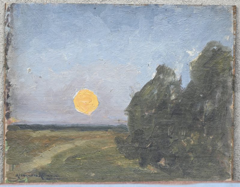 ‘Landschapje met hooioppers en de ondergaande zon’. Impressionistische studie. Olieverf op schilderspaneel. Onleesbaar getekend.