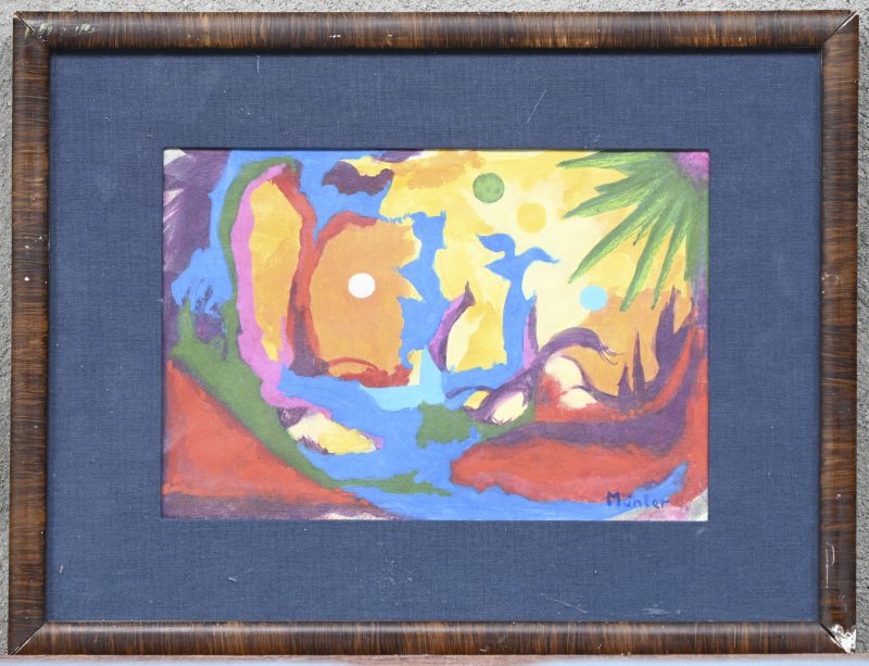 Abstracte compositie. Acryl op papier, draagt een handtekening; Münter.