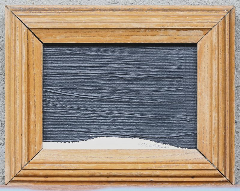 ‘Peinture 11 x 16 cm’. Acryl op karton. Op de rug getekend; ‘Pour Charlotte, tres cordialement, Soulages. Draagt de handtekening; Soulages.