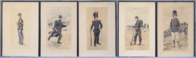 ‘Belgische militairen’. Een set van vijf kleurenlitho’s naar de aquarellen van Maurice ROMBERG DE VAUCORBEIL.