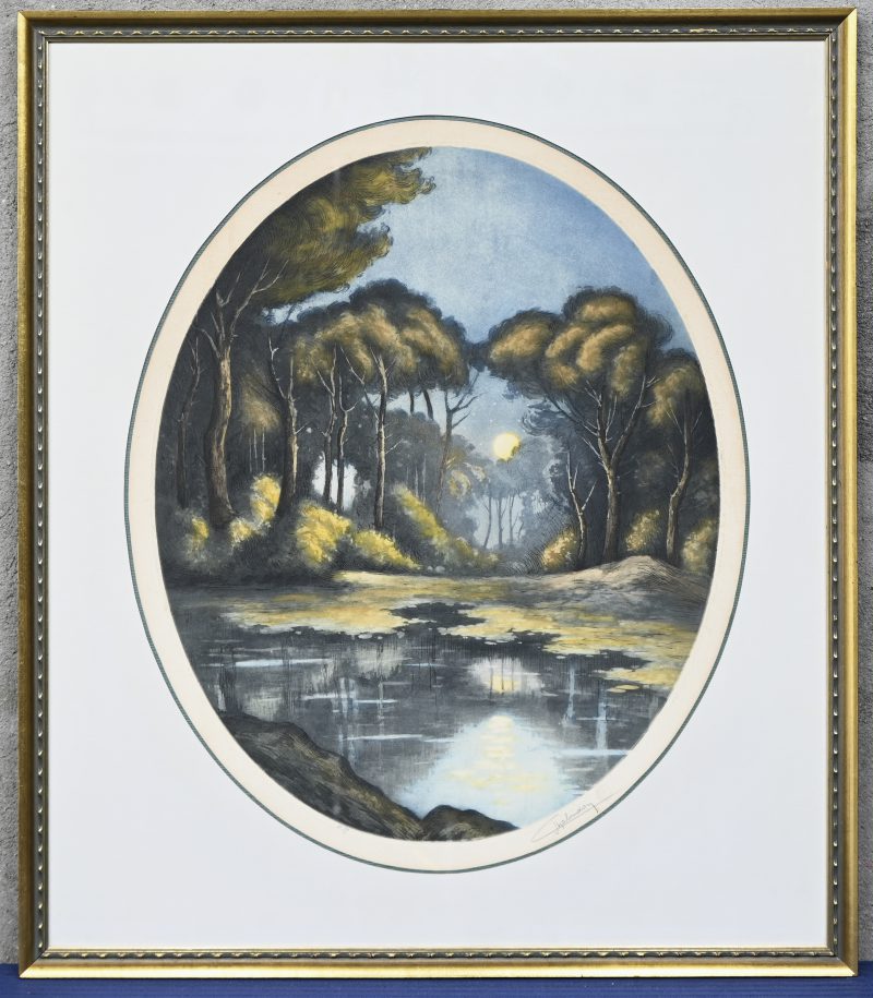 ‘Landschap in maanlicht’. Een ovalen kleurenlitho in goudkleurig kader, getekend; Chabridon.