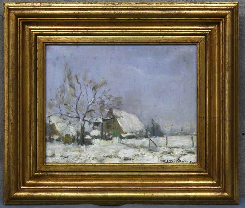 ‘Winterlandschap met boerderij’. Olieverf op doek, getekend; E. Gaston Callens.