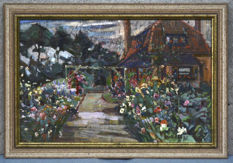‘Bloementuin’. Olieverf op paneel, getekend; E. Wiethaese.