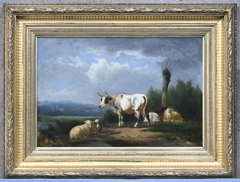 “Landschap met schapen en koe”, een schilderij, olieverf op paneel, gesigneerd Eugène Verboeckhoven, vernislaag vervangen.
