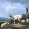 “Landschap met schapen en koe”, een schilderij, olieverf op paneel, gesigneerd Eugène Verboeckhoven, vernislaag vervangen.