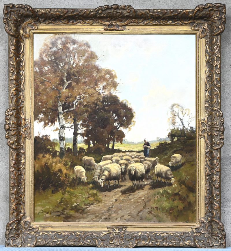 “Schaapsherderin”, een schilderij, olieverf op doek, gesigneerd Frans Van Leemputten.