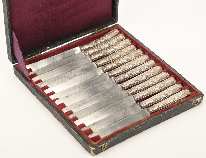 Twaalf botermesjes met zilveren handvat in bijhorende cassette. Eén handvat met schade.