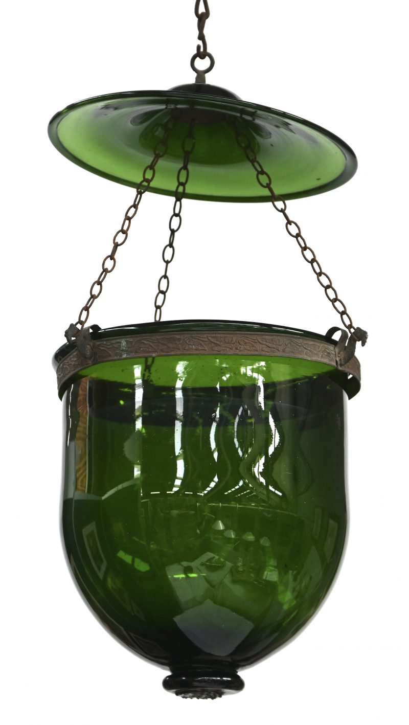 Een groene mondgeblazen ‘Bell Jar’ lamp gemerkt R. Ditmar, Wien.