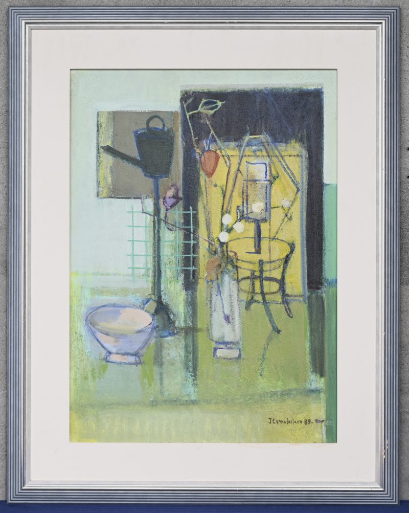“Interieur”, een schilderij, olieverf op paneel, gesigneerd J.E. Vanvlaslaer en gedateerd ‘89.