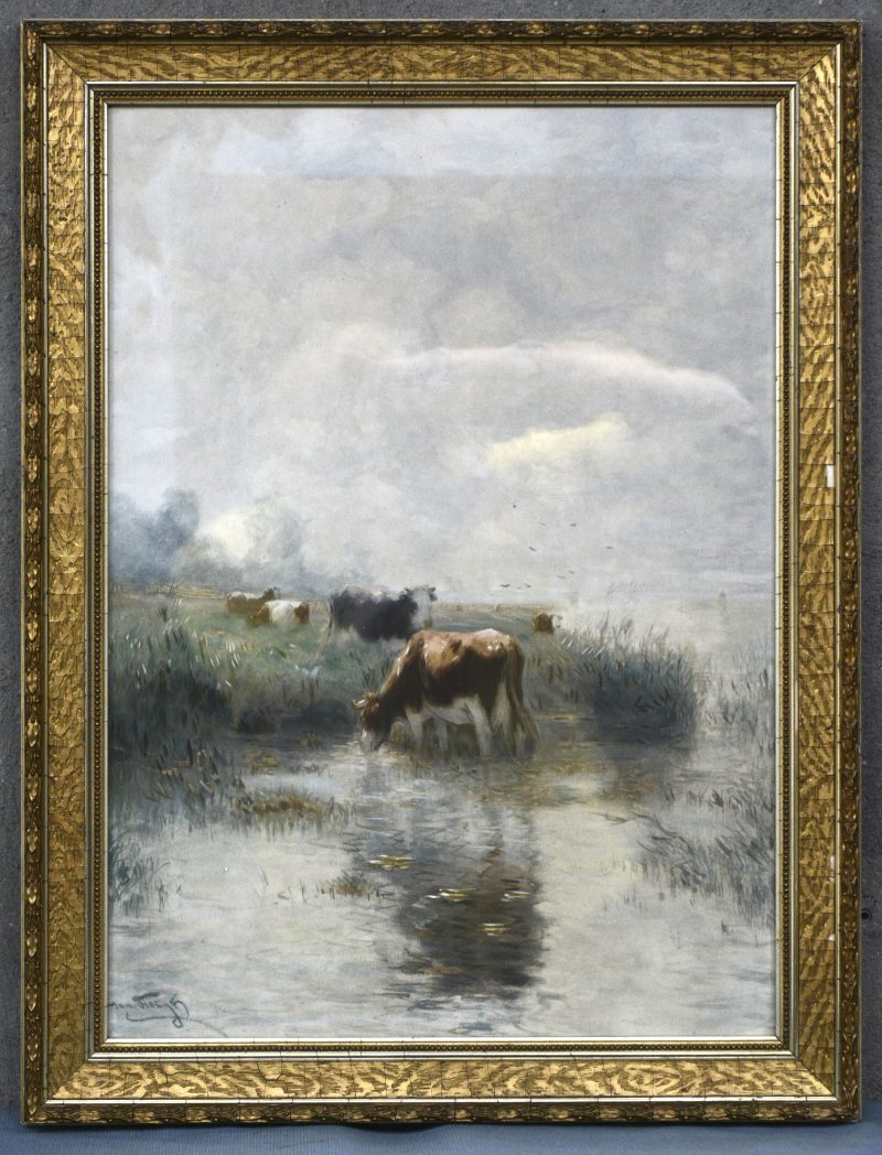 “Koeien aan het water”, een aquarel op papier, gesigneerd.