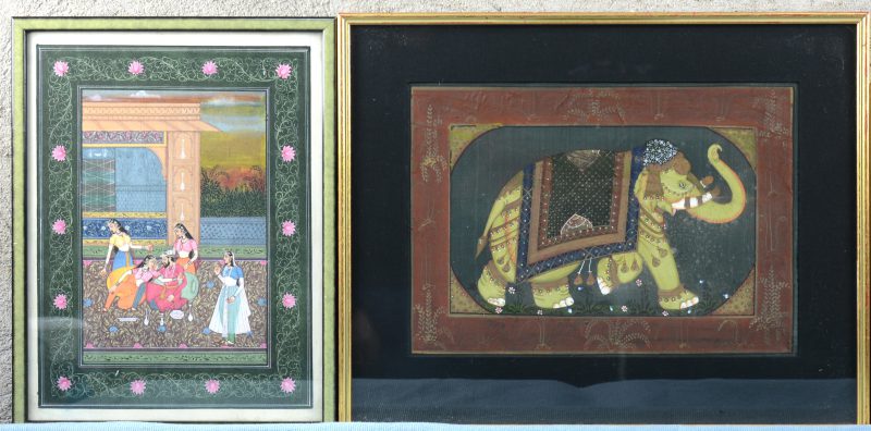 “Aan het hof van de Mogul” & “Olifant”. Twee Indische tekening, op zijde.