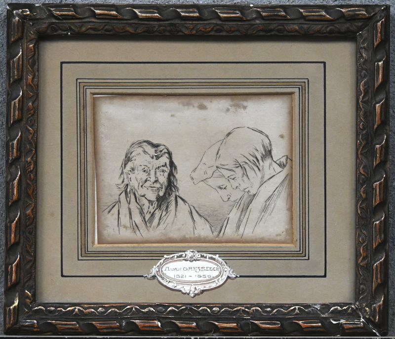 “Drie koppen”. Inktschets op papier. Toegeschreven aan A. Van Gaesbeeck.
