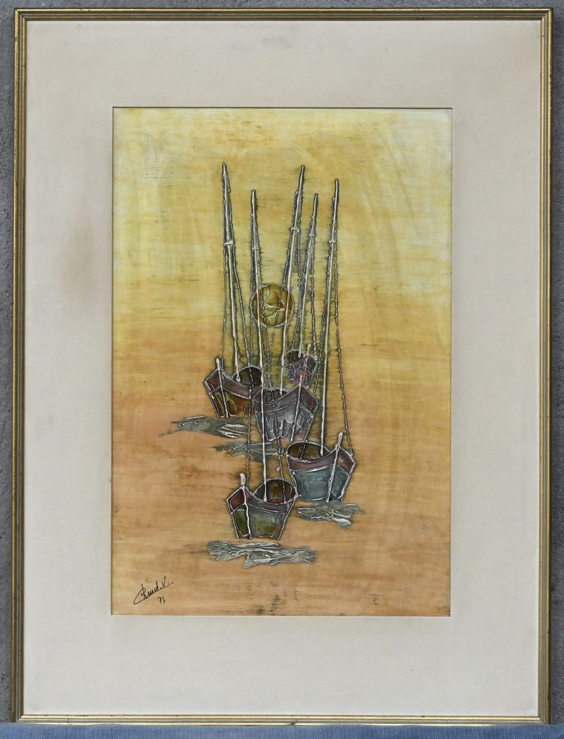 “Tafereel met boten”, olieverf op paneel, gesigneerd en gedateerd ‘77.