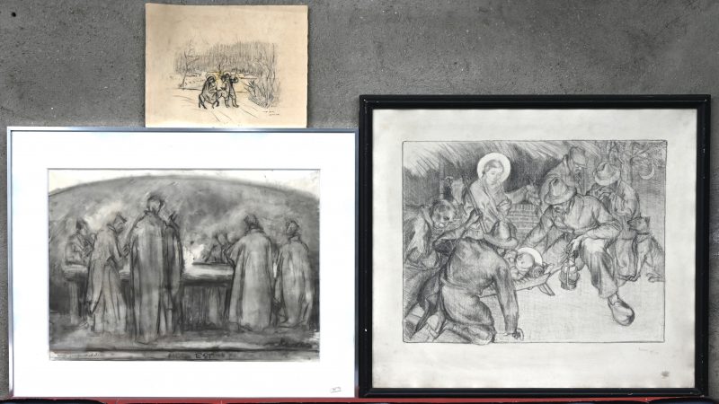lot van 3, “Hoc Est” Houtskooltekening op papier, onderaan in het midden gesigneerd, rechts, ingelijst in aluminium.-Bijgevoegd “Aanbidding van de herders”. Lithografie, simili Japon, genummerd 8/25 en gesigneerd onderaan rechts.