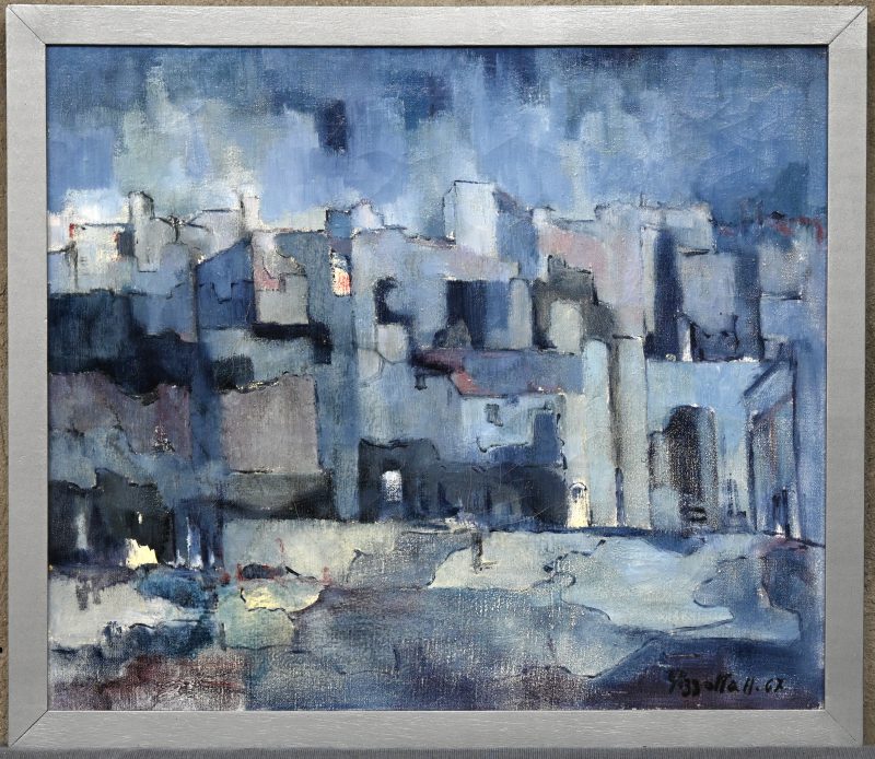 “Nacht over de stad”. Olieverf op doek. Gesigneerd en “Bergamo”.