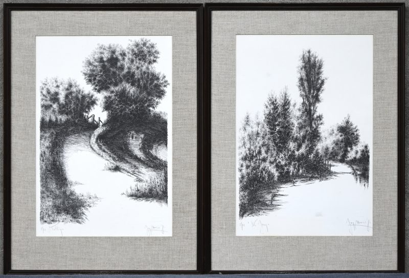 “Landschappen”. Een paar litho’s. Gesigneerd en genummerd 5/22 buiten de plaat. Gedrukt in het Masereelcentrum te Kasterlee.