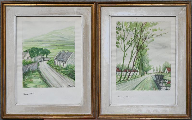 “Franse landschappen”. Een paar schilderijen, aquarel op papier. Onderaan gesigneerd.