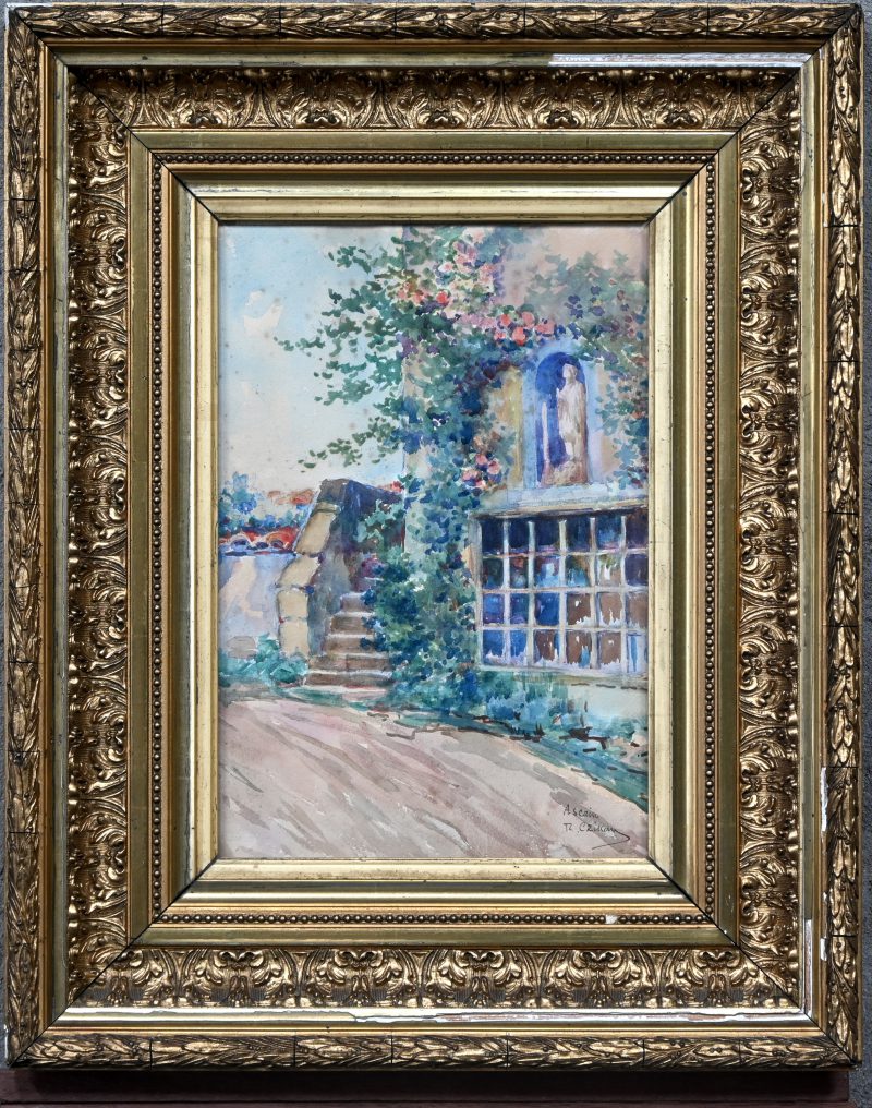 ‘Zomers gevelzicht met rozen’, waterverf op papier, getekend en met aanduiding Ascain.