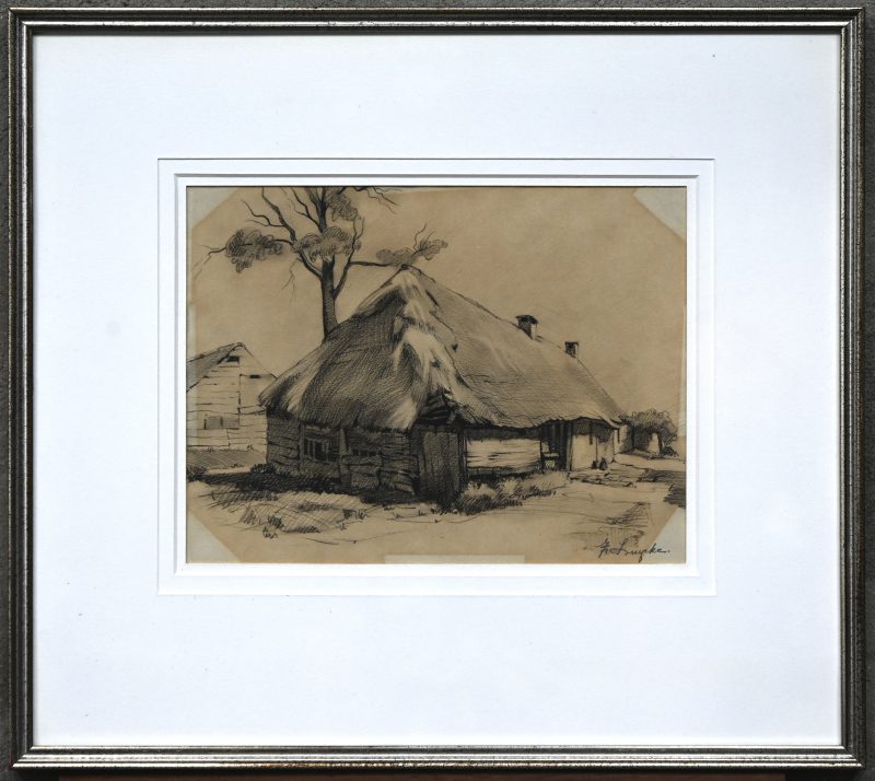 “Zicht op stal”. Een tekening op papier, onderaan gesigneerd.