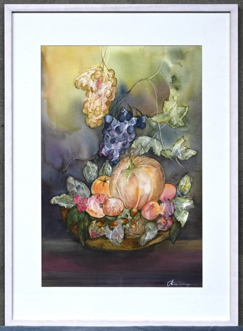 “Stilleven met pompoen.” Aquarel op papier. Gesigneerd.