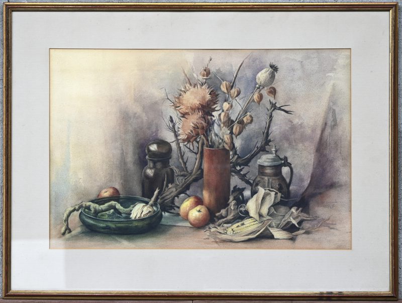 ‘Stilleven’, gemengde techniek op papier, gesigneerd Fr. Dekoninck en gedateerd 1975.