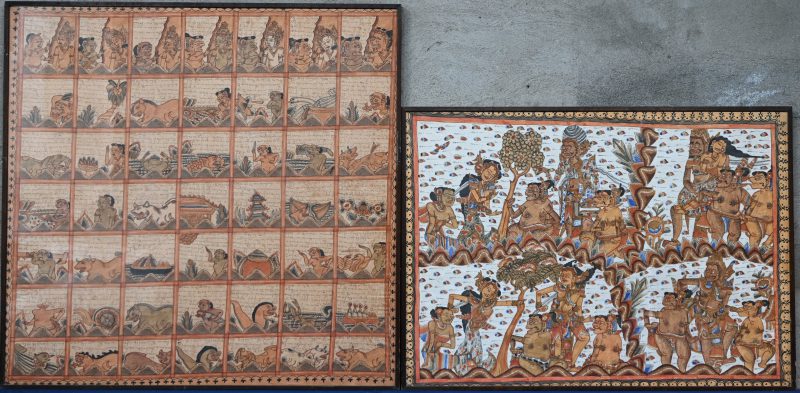 Een lot van twee Balinese handbeschilderde lijsten waaronder een Pawukon-kalender en een schildering met goden.