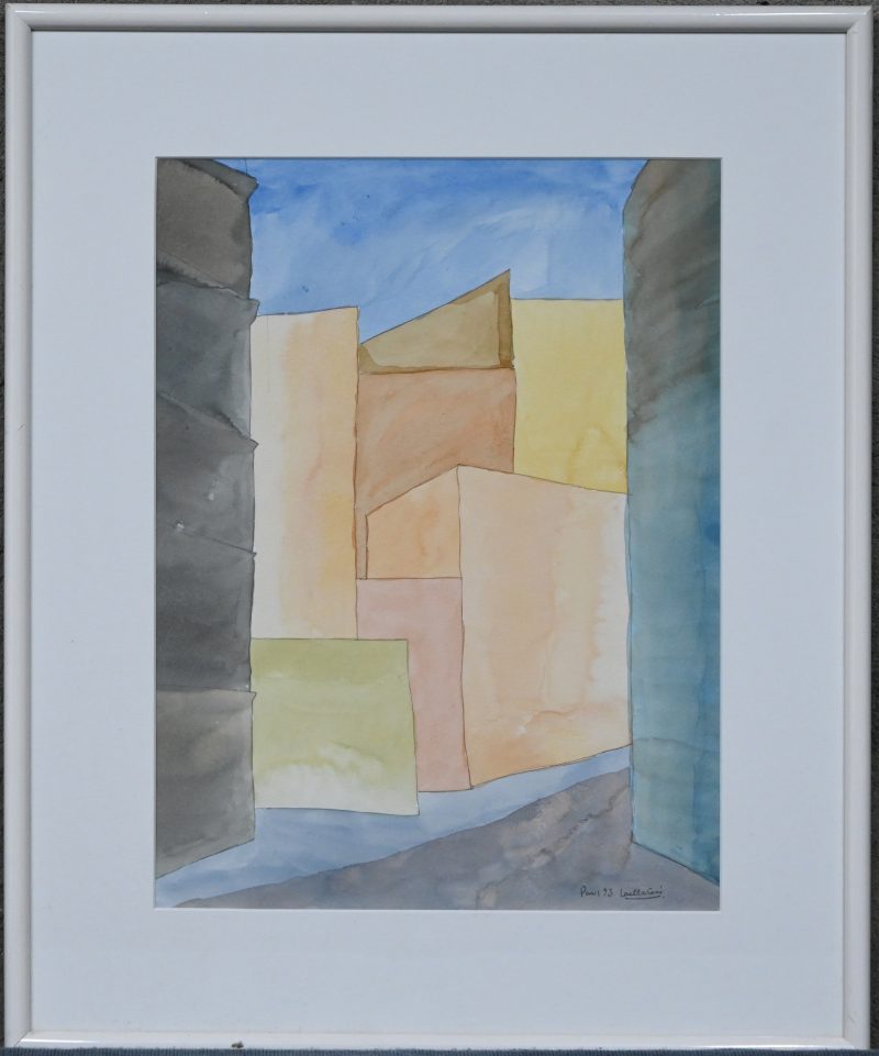 “Abstract stadsgezicht”. Een aquarel op papier, onderaan gesigneerd.