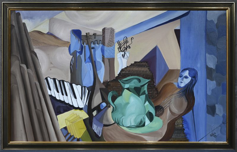 “En de muziek was geboren”. Een schilderij, olieverf op doek. Onderaan gesigneerd. Verso galerij label.