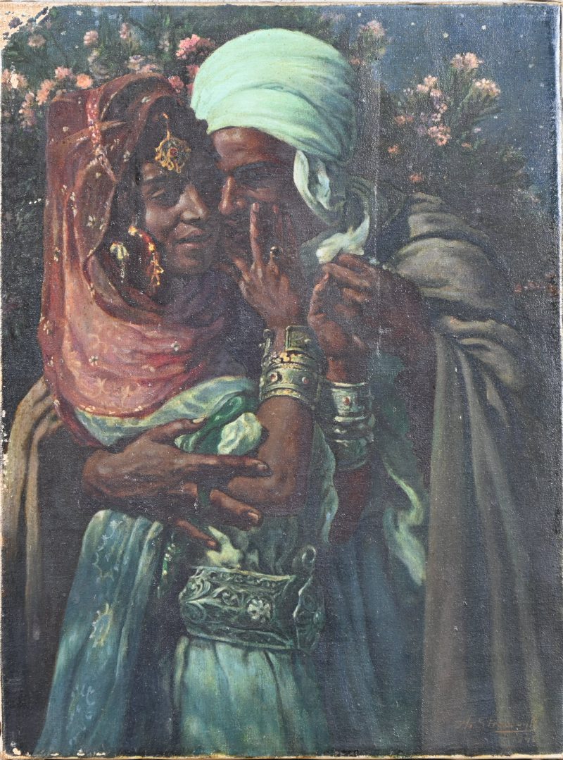 “Esclave d’amour et Lumière des yeux: Abd-el-Gheram et Nouriel-Ain, Légende arabe”. Een schilderij, olieverf op doek, onderaan gesigneerd. Replica naar het werk van Etienne Dinet.