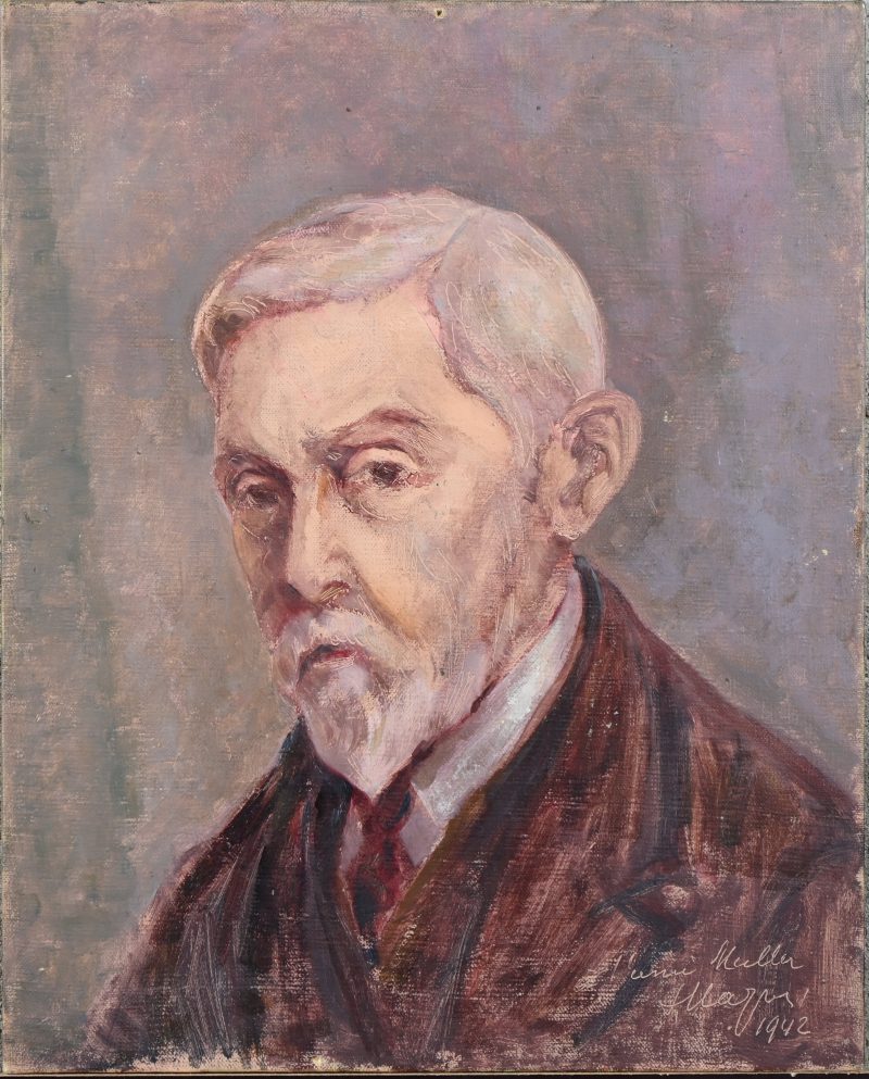 “Portret van een oudere man”. Een schilderij, olieverf op board. Onderaan gesigneerd met opschrift “à l’ami Muller...”.