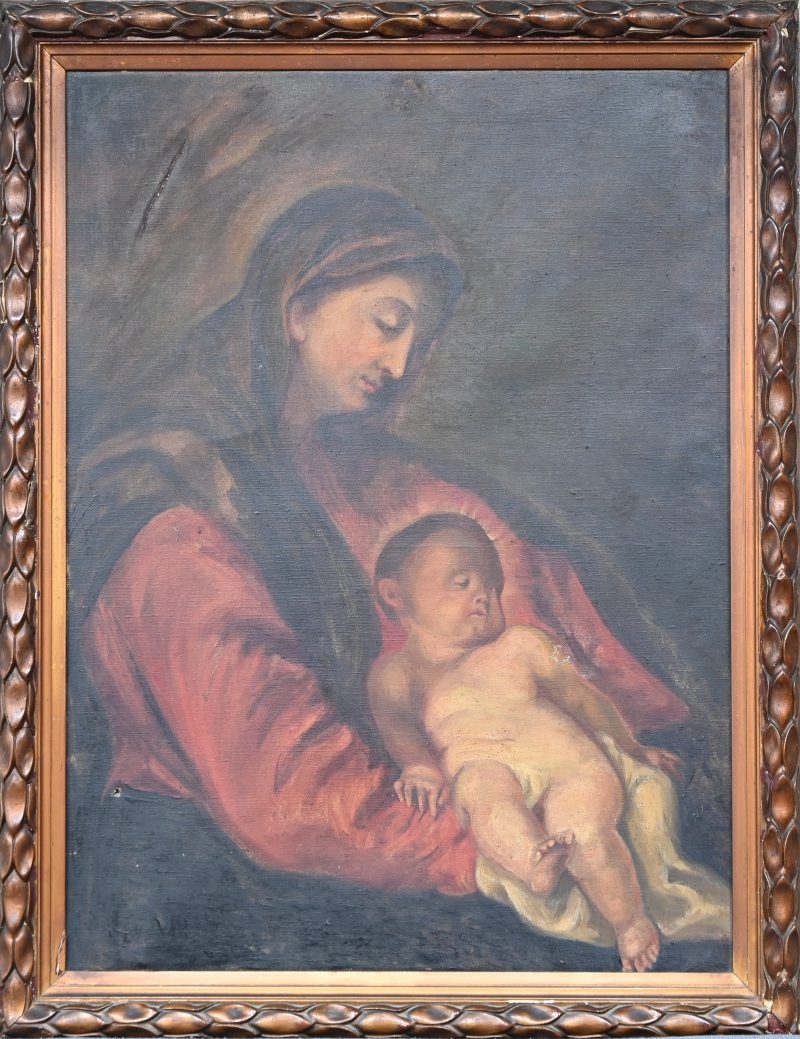 “Madonna en Kind”. Olieverf op doek. Vlaamse School, XIXde eeuw, naar de barok. Enkele herstellingen en perforatie.
