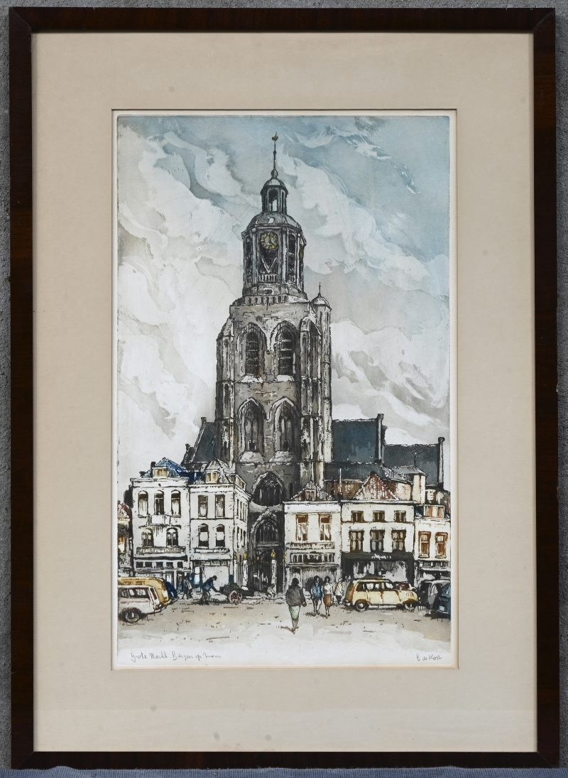 “Grote markt - Bergen Op Zoom”, een kleurenlitho gesigneerd L. De Kort.