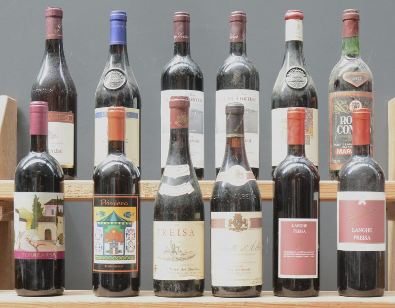 Lot rode wijn        aantal: 12 bt    Langhe Freisa D.O.C.  Gigi Rosso M.O.  1994  aantal: 2 bt    Langhe Nebbiolo Vino da Tavola  Giuseppe Cortese, Barbaresco M.O.  1993  aantal: 2 bt    Nebbiolo d’Alba D.O.C.  Fratelli Rabino, Santa Vittoria d’Alba M.O.  2001  aantal: 1 bt    Apuliae Primitivo del Salento I.GT.  Giordano, Diano d’Alba M.O.  1998  aantal: 1 bt    Novello Giordano Vino da Tavola   M.O.  1994  aantal: 1 bt    Rosso Conero D.O.C.  Marabotto, Ancona M.O.  1977  aantal: 1 bt    Freisa   CantineTerre del Barolo M.O.  1970  aantal: 1 bt    Torrearsa D.O.C. Coste della Sesia  Giuseppe Filippo, Brusnengo M.O.  1999  aantal: 1 bt    Novello Primiera D.O.C. Monferrato  Balbiano, A,deze,p M.O.  2004  aantal: 1 bt    Dolcetto d’Alba   Terre de Barolo M.O.  1981  aantal: 1 bt