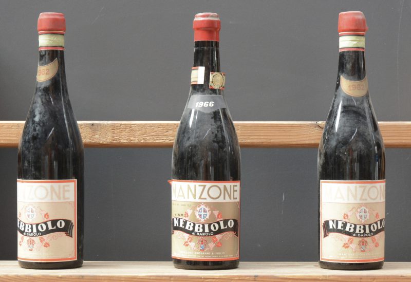 Lot rode wijn        aantal: 3 bt    Nebbiolo di Barolo   Manzone Giovanni, La Morra M.O.   1962  aantal: 2 bt    Nebbiolo di Barolo   Manzone Giovanni, La Morra M.O.   1966  aantal: 1 bt