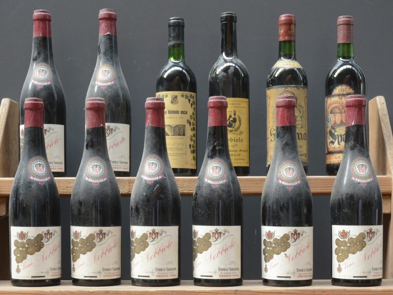Lot rode wijn        aantal: 12 bt    Nebbiolo   Enrico Serafino, Canale M.O.    aantal: 8 bt    Nebbiolo   Alfonso Odifreddi,  M.O.  1971  aantal: 1 bt    Nebbiolo Riserva   Giulio Gabri, Schiavenza, Serralunga d’Alba M.O.  1970  aantal: 1 bt    Spanna   Cantine Curti, Gattinara M.O.  1964  aantal: 1 bt    Spanna   Encole & Cie, Gattinara M.O.  1967  aantal: 1 bt