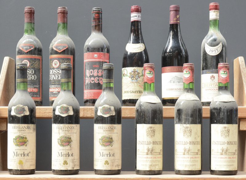 Lot rode wijn        aantal: 12 bt    Merlot D.O.C. Breganze  Rosso  Maculan, Breganze M.O.    aantal: 3 bt    Merlot del Piave D.O.C.  Barone Ciani Bassetti, Castello di Roncade M.O.  1975  aantal: 3 bt    Rosso Conero   Marobotto, Ancona M.O.  1977  aantal: 2 bt    Rosso Piceno D.O.C.  Federici e Gagliardini, Cupramontana M.O.    aantal: 1 bt    Due Castelli Vino secco delle Langhe da Selvaggina  Serio Battista Borgogno, Barolo M.O.    aantal: 1 bt    Nebbiolo d’Alba D.O.C.  Fratelli Rabino, Santa Vittoria d’Alba M.O.  2001  aantal: 1 bt    Bardolino Classico Superiore D.O.C.  Bertani, Verona M.O.  1977  aantal: 1 bt