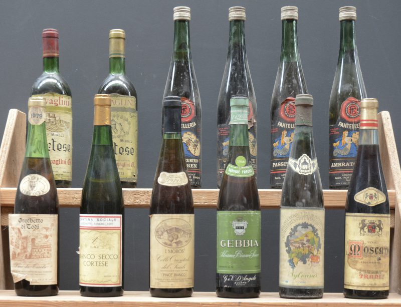 Lot wijn        aantal: 12 bt    Grechetto di Todi Vino da Tavola  Cantina Sociale Tudernum M.O.    aantal: 1 bt    Bianco Secco Cortese   Cantina Sociale Rochetta Tanaro (Asti) M.O.    aantal: 1 bt    I Moros Colli Orientai del Fiuli Pinot Bianco D.O.C.  Nello Tavagnaco, Ipplis M.O.  1979  aantal: 1 bt    Gebbia Alcamo Bianco Secco   D’Angelo, Alcamo M.O.  1968  aantal: 1 bt    Sylvaner A.C. Alsace  Abbazia Novacella pf Bressinone M.O.  1970  aantal: 1 bt    Moscato Liquoroso   Trani M.O.  1970  aantal: 1 bt    Vino Bianco Cortese   Travaglini, Gattinara M.O.    aantal: 1 bt    Vino Bianco Cortese Vino da Tavola  Travaglini, Gattinara M.O.    aantal: 1 bt    Rosso Rubino Mueggen Vecchia Riserva   Fortunato Errera, Pantelleria M.O.    aantal: 1 bt    Alicante Rosso Secco Vecchia Riserva   Fortunato Errera, Pantelleria M.O.    aantal: 1 bt    Passito Secco Vecchia Riserva   Fortunato Errera, Pantelleria M.O.    aantal: 1 bt    Ambrato Secco Vecchia Riserva   Fortunato Errera, Pantelleria M.O.    aantal: 1 bt
