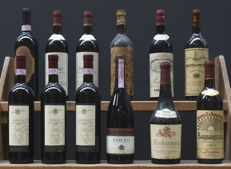 Lot rode wijn        aantal: 12 bt    Barolo D.O.C.G.  Patrizi, Farigliano M.O.  2005  aantal: 3 bt    Barolo D.O.C.  Cortese, Canelli M.O.  1976  aantal: 2 bt    Barolo Riserva D.O.C.  Villadoria, Rivoli M.O.  1970  aantal: 1 bt    Barolo Riserva D.O.C.G.  Soria, Castiglioli M.O.  2002  aantal: 1 bt    Barbaresco D.O.C.G.  Valfieri, Alba M.O.  1994  aantal: 1 bt    Barbaresco D.O.C.  Giacone, Treiso M.O.  1981  aantal: 1 bt    Barbaresco D.O.C.  Pierino Testore, Loazollo M.O.  1978  aantal: 1 bt    Barbaresco D.O.C.  Cantina Vignaioli, Treiso M.O.  1973  aantal: 1 bt    Barbaresco Riserva Speciale D.O.C.  Rocca Albino in Barbaresco M.O.  1970  aantal: 1 bt