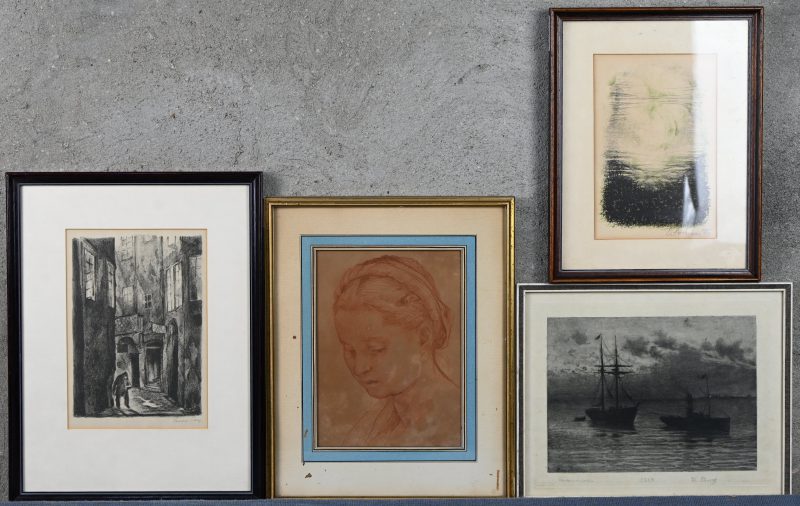 Een lot van 4 stuks grafiek, waaronder een werk van Fr. Proost, 1893.