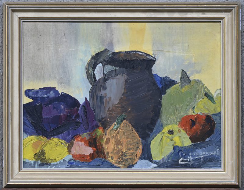 “Stilleven met fruit”, een schilderij, olieverf op paneel, gesigneerd E. Haagemans.